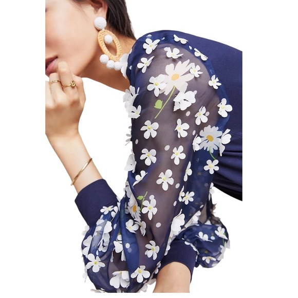 Anthropologie Eva Franco Becky Navy Blue White Daisy Appliqué Top - XS - Picture 16 of 16